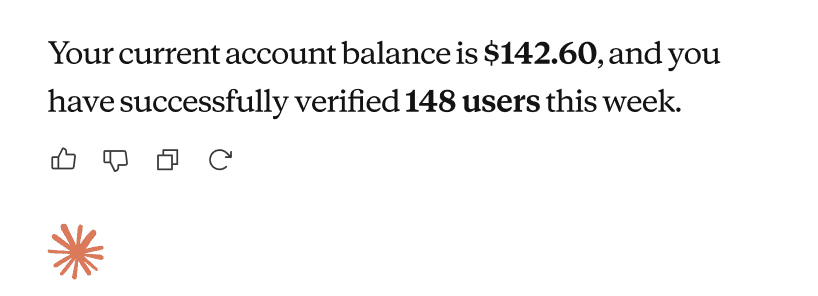 An AI agent answering a question about Didit account balance and verified users this week.