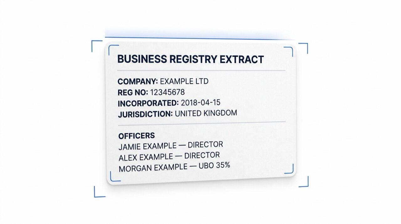 Didit Business Verification, registry extract scanned with officer-graph and UBO-triangulation overlays.