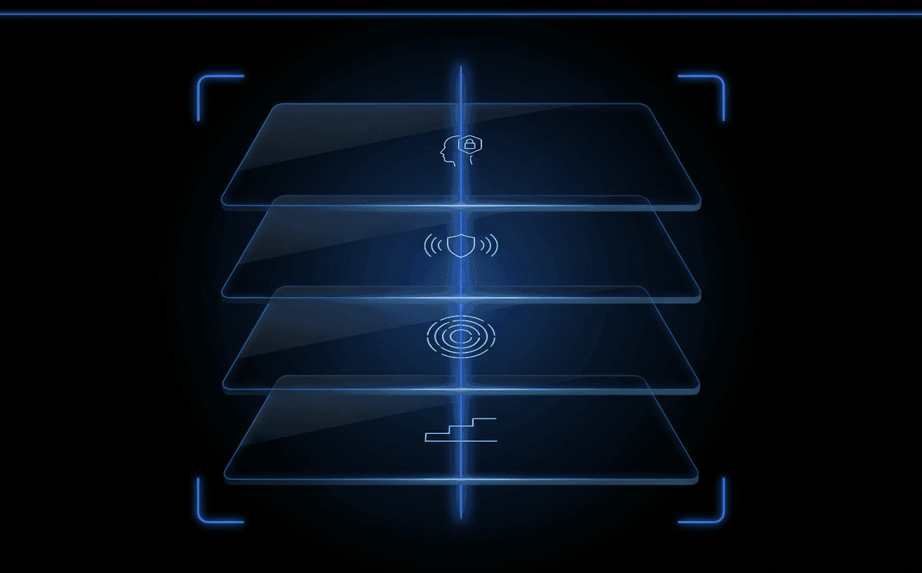 A dark abstract account-takeover stack — four floating translucent dark-glass panels in 3D perspective on pure black, threaded by a luminous Didit Blue vertical line and framed by four glowing scanner brackets. Each panel carries one tiny pale-white abstract motif of the step-up recipe.