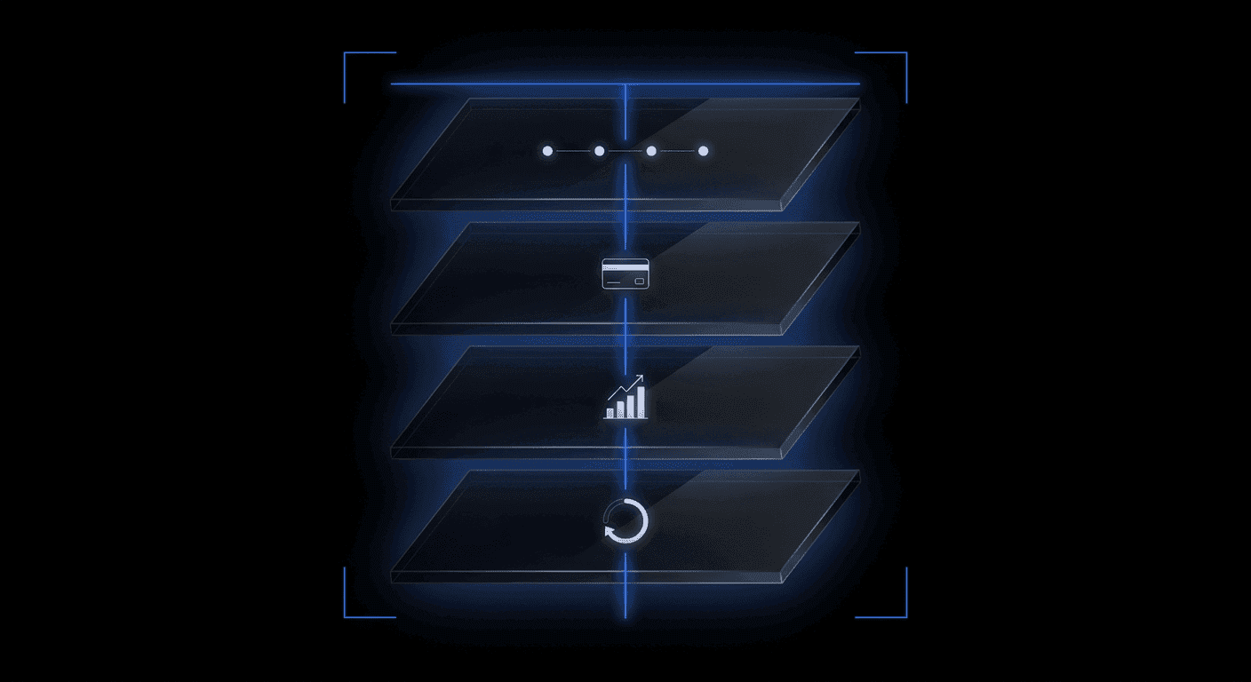 A cinematic dark abstract Buy-Now-Pay-Later underwriting illustration — four floating translucent glass panels in 3D perspective on pure black, threaded by a luminous Didit Blue line and framed by four glowing scanner brackets. Each panel carries a tiny pale-white abstract motif representing instalment underwriting (four-dot instalment timeline, credit card outline, rising bar chart, circular progress ring).