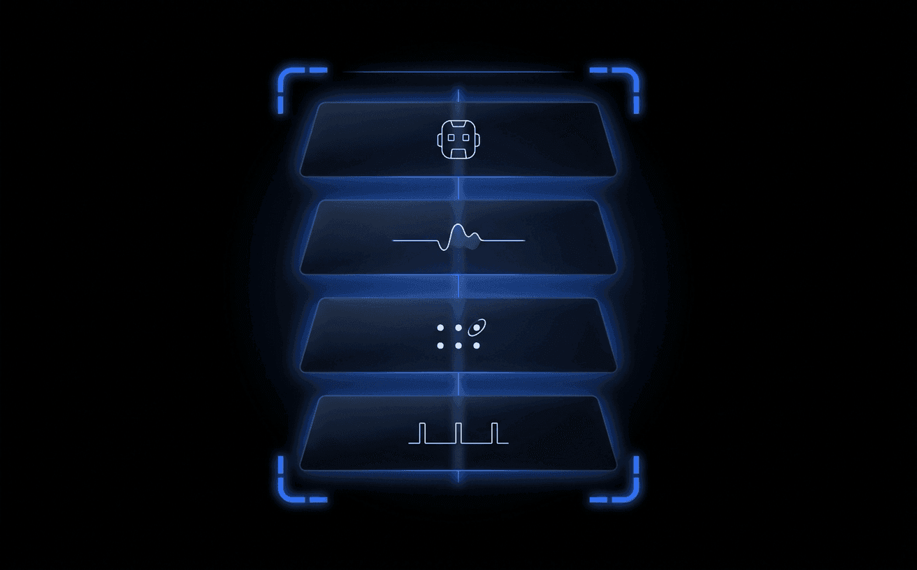 A dark abstract bot-detection stack — four floating translucent dark-glass panels in 3D perspective on pure black, threaded by a luminous Didit Blue vertical line and framed by glowing scanner brackets. Each panel carries one tiny pale-white abstract motif of the gate (robot head, flat waveform, anomaly grid, suspicious timing).