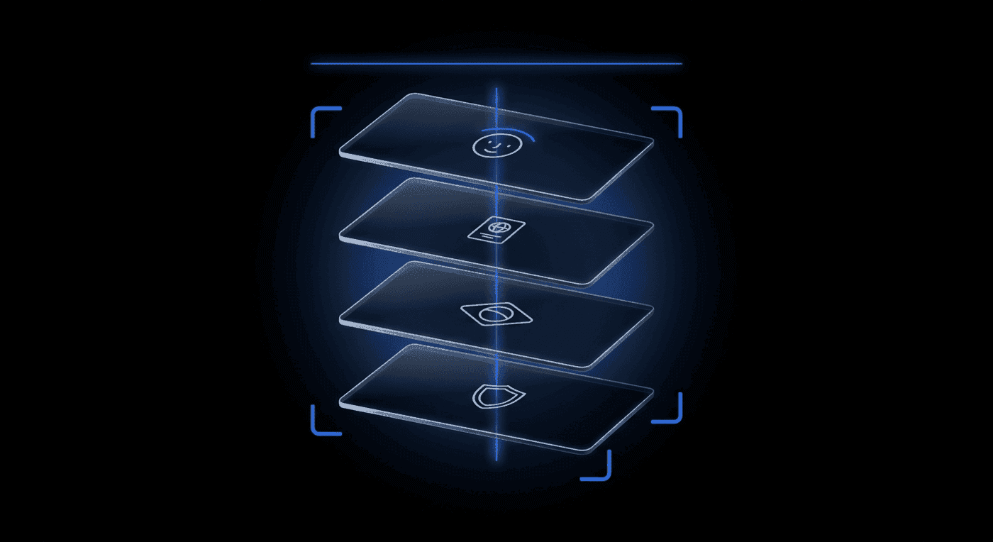 A cinematic dark abstract Brazil-child-protection stack illustration, four floating translucent glass panels in 3D perspective on pure black, threaded by a luminous Didit Blue line and framed by four glowing scanner brackets. Each panel carries a small pale-white abstract motif (face oval with age arc, passport rectangle, Brazil-flag geometric silhouette, shield).
