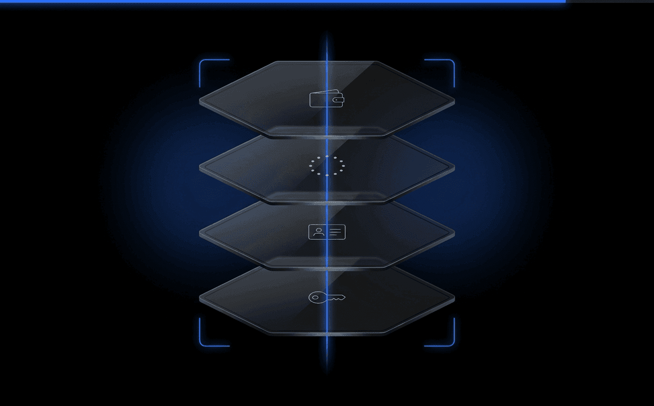 Una ilustración cinematográfica abstracta oscura de cumplimiento: cuatro paneles translúcidos de vidrio oscuro flotantes en perspectiva 3D sobre un lienzo completamente negro, atravesados por una línea vertical luminosa Didit Blue y enmarcados por cuatro soportes de escáner brillantes. Cada panel lleva un pequeño motivo abstracto blanco pálido (silueta de billetera, anillo de doce estrellas de la UE, tarjeta de credencial, forma de llave) que representa una billetera de identidad que contiene una credencial firmada.