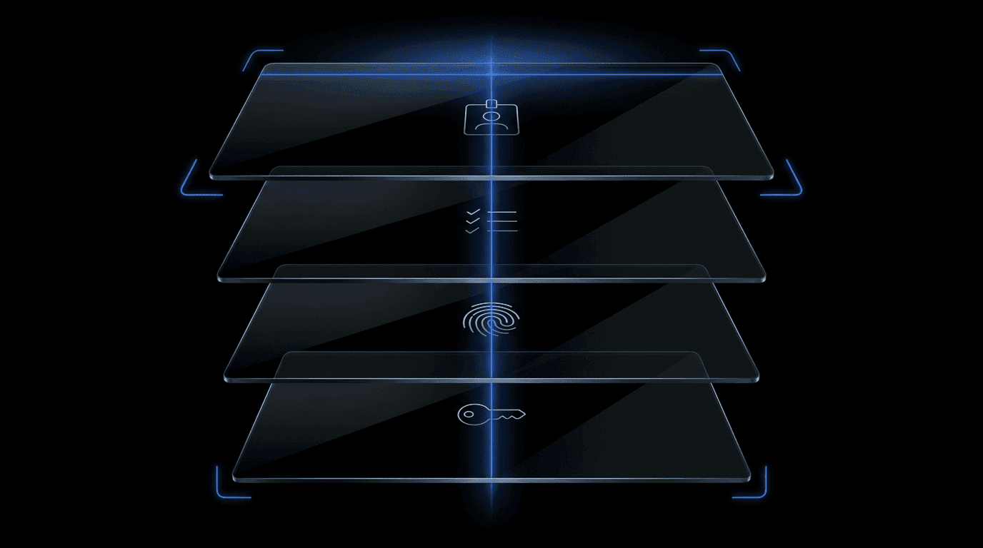 A cinematic dark abstract employee-onboarding stack illustration — four floating translucent glass panels in 3D perspective on pure black, threaded by a luminous Didit Blue line and framed by four glowing scanner brackets. Each panel carries a small pale-white abstract motif (employee badge silhouette, checklist, fingerprint, key).