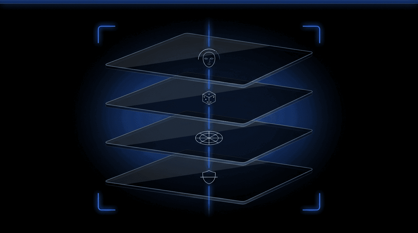 A cinematic dark abstract iGaming-responsible-gaming stack illustration — four floating translucent glass panels in 3D perspective on pure black, threaded by a luminous Didit Blue line and framed by four glowing scanner brackets. Each panel carries a small pale-white abstract motif (face oval with age arc, dice cube, roulette wheel circle, shield with stop bar).
