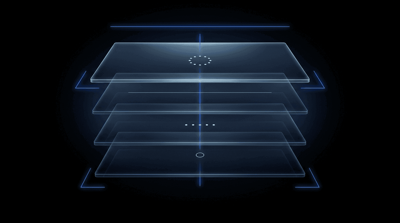 A cinematic dark abstract compliance-stack illustration — four floating translucent glass panels stacked in 3D perspective on pure black, threaded by a luminous Didit Blue line and framed by four glowing scanner brackets. Each panel carries a small pale-white abstract motif (12-dot ring, scan line, dot row, circle).