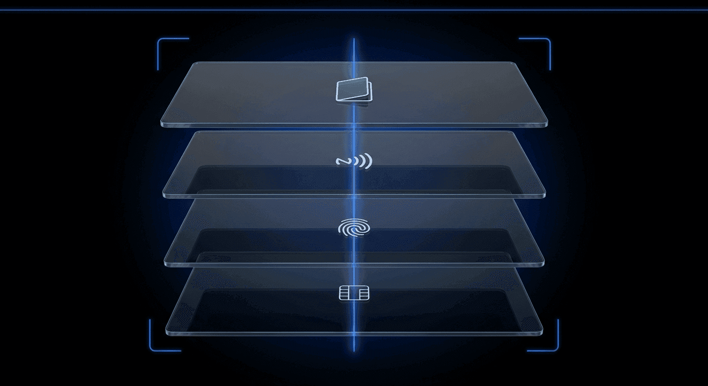 A cinematic dark abstract NFC e-passport illustration — four floating translucent glass panels on pure black threaded by a luminous Didit Blue line. Each panel carries a small abstract motif (passport book outline, NFC arcs, fingerprint loop, chip rectangle with contact pads).