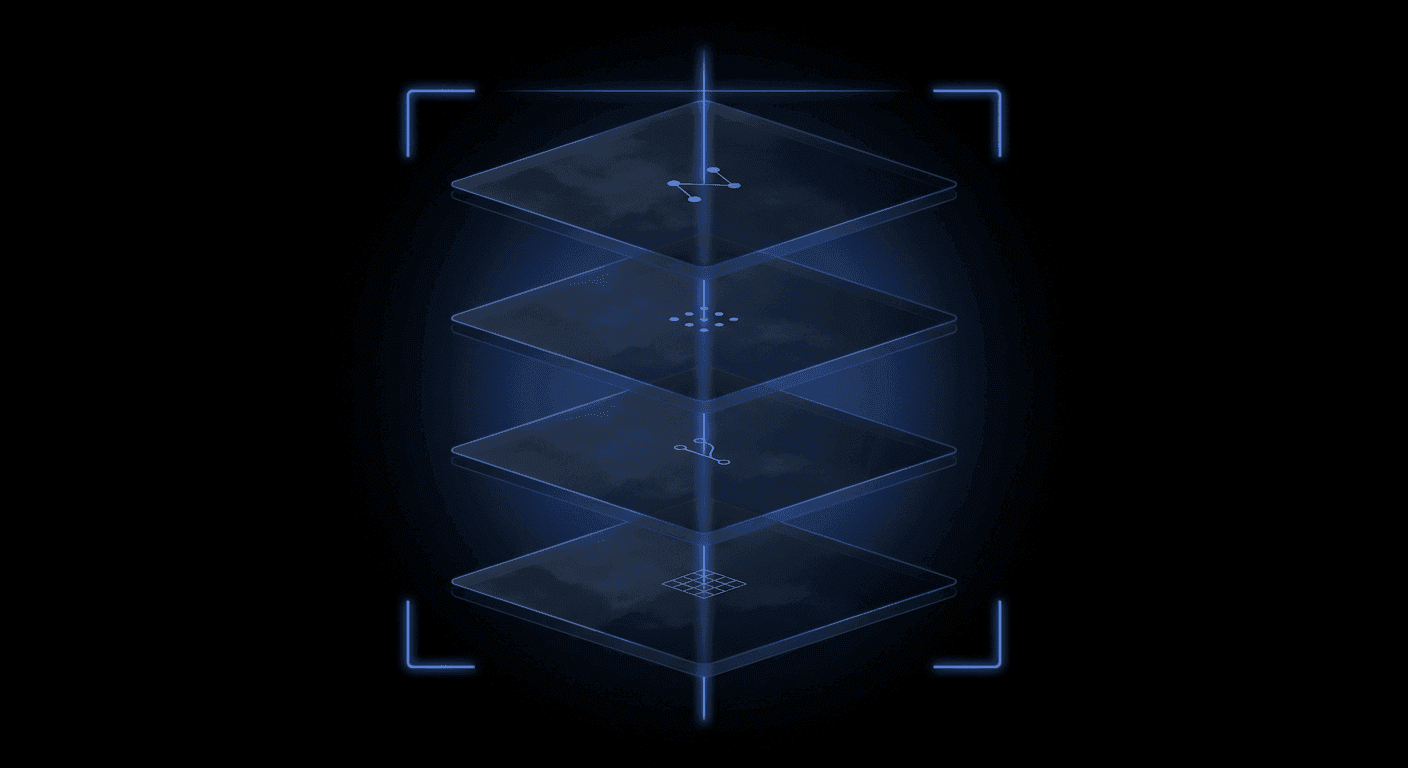 Una il·lustració cinematogràfica fosca i abstracta d'un constructor de fluxos de treball visual sense codi: quatre panells de vidre translúcids flotants en perspectiva 3D sobre negre pur, travessats per una línia lluminosa Didit Blue i emmarcats per quatre suports d'escàner brillants. Cada panell porta un petit motiu abstracte de color blanc pàl·lid que representa el llenç del flux de treball (fragment de gràfic de node i vora, mànec d'arrossegament, bifurcació, quadrícula del llenç).