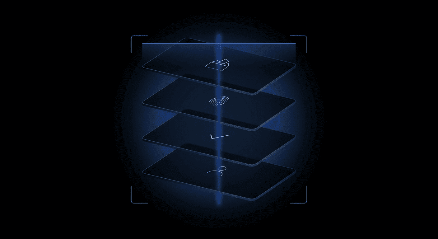 A cinematic dark abstract anti-Sybil voting illustration — four floating translucent glass panels in 3D perspective on pure black, threaded by a luminous Didit Blue line and framed by four glowing scanner brackets. Each panel carries a tiny pale-white abstract motif representing one-person-one-vote (ballot box, fingerprint loop, tally tick, single human silhouette).