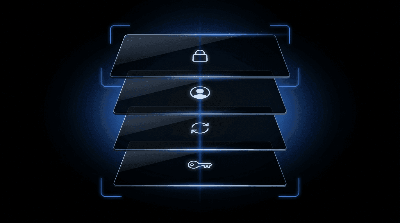 Une illustration abstraite et sombre de pile de récupération de mot de passe, de style cinématographique — quatre panneaux de verre translucides flottants en perspective 3D sur fond noir pur, traversés par une ligne lumineuse Didit Blue et encadrés par quatre supports de scanner lumineux. Chaque panneau porte un petit motif abstrait blanc pâle (contour de cadenas, ovale de visage, boucle de flèche de rafraîchissement, clé).