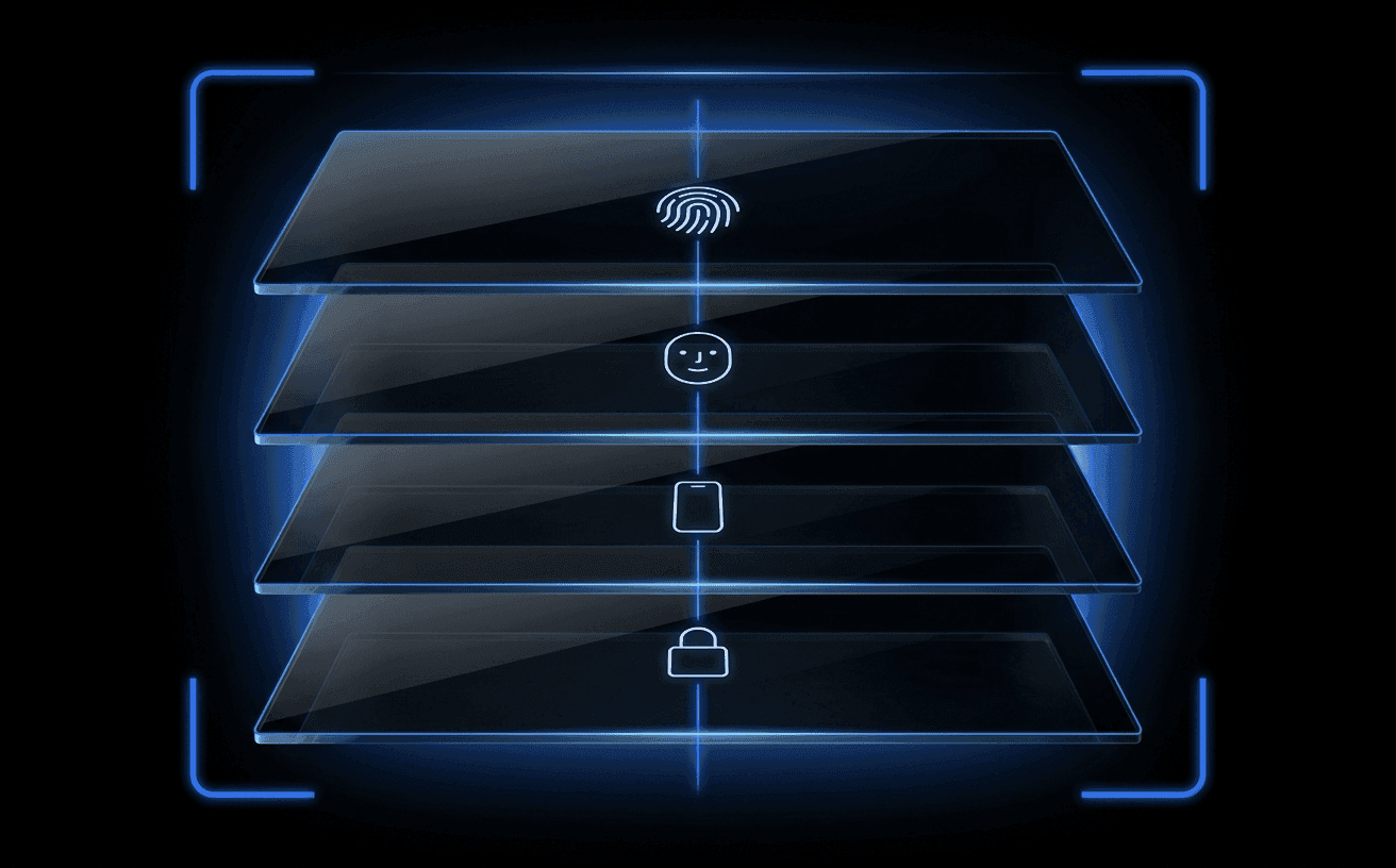 A cinematic dark abstract compliance illustration — four floating translucent dark-glass panels in 3D perspective on a pure black canvas, threaded by a luminous Didit Blue vertical line and framed by four glowing scanner brackets. Each panel carries a tiny pale-white abstract motif (fingerprint arcs, face oval, phone silhouette, lock shape) representing biometric Strong Customer Authentication.