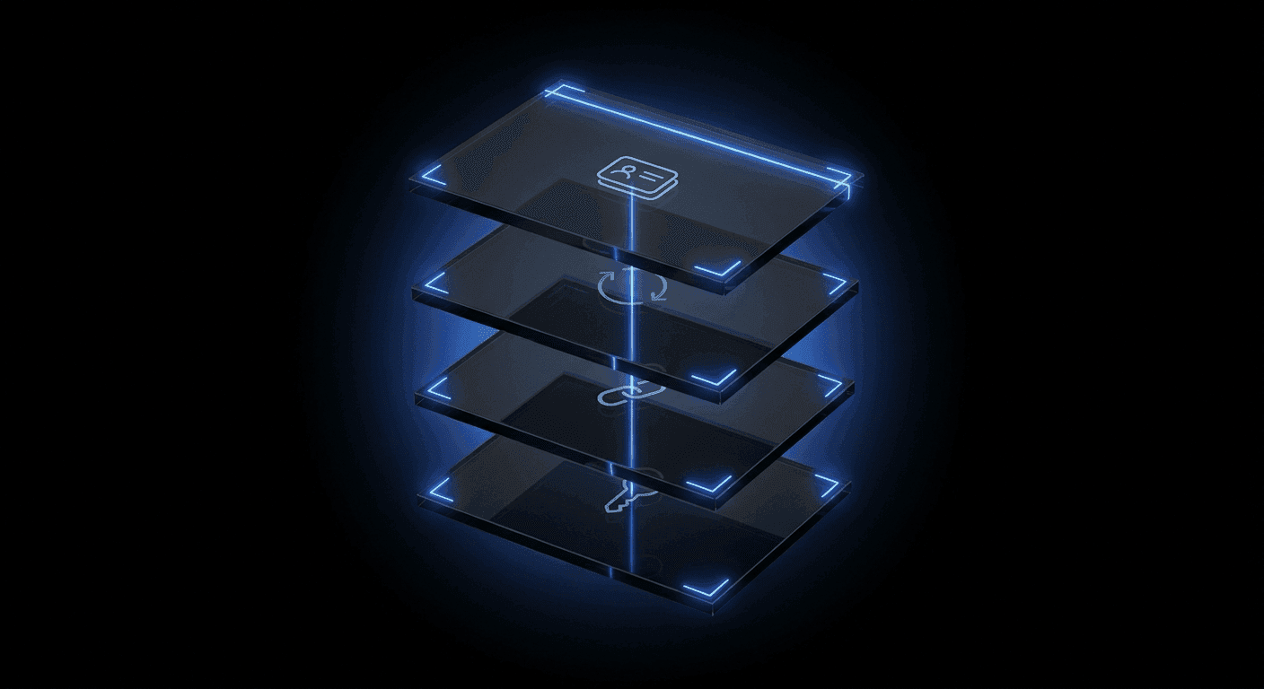 Una ilustración cinematográfica oscura y abstracta de credencial de identidad reutilizable: cuatro paneles de vidrio translúcido flotantes en perspectiva 3D sobre negro puro, atravesados por una línea luminosa Didit Blue y enmarcados por cuatro soportes de escáner brillantes. Cada panel lleva un pequeño motivo abstracto de color blanco pálido que representa la identidad reutilizable (tarjeta de credencial en capas, bucle de flecha circular de reutilización, icono de cadena enlazada, contorno de llave).