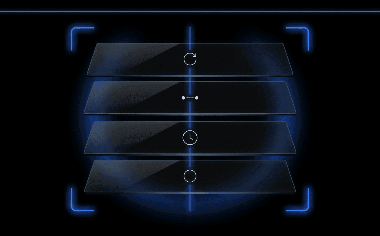 Dark cinematic selfie-only re-auth stack — four floating translucent glass panels in 3D perspective on pure black, threaded by a luminous Didit Blue line and framed by glowing scanner brackets. Each panel carries a small pale-white motif representing a circular refresh loop, a binding line between two dots, a clock face, and a continuity ring.