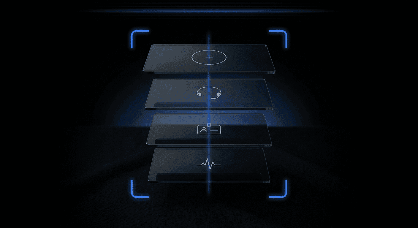 A cinematic dark abstract telehealth illustration — four floating translucent glass panels on pure black threaded by a luminous Didit Blue line. Each panel carries a small abstract motif (medical cross, stethoscope, ID card, heart-pulse waveform).
