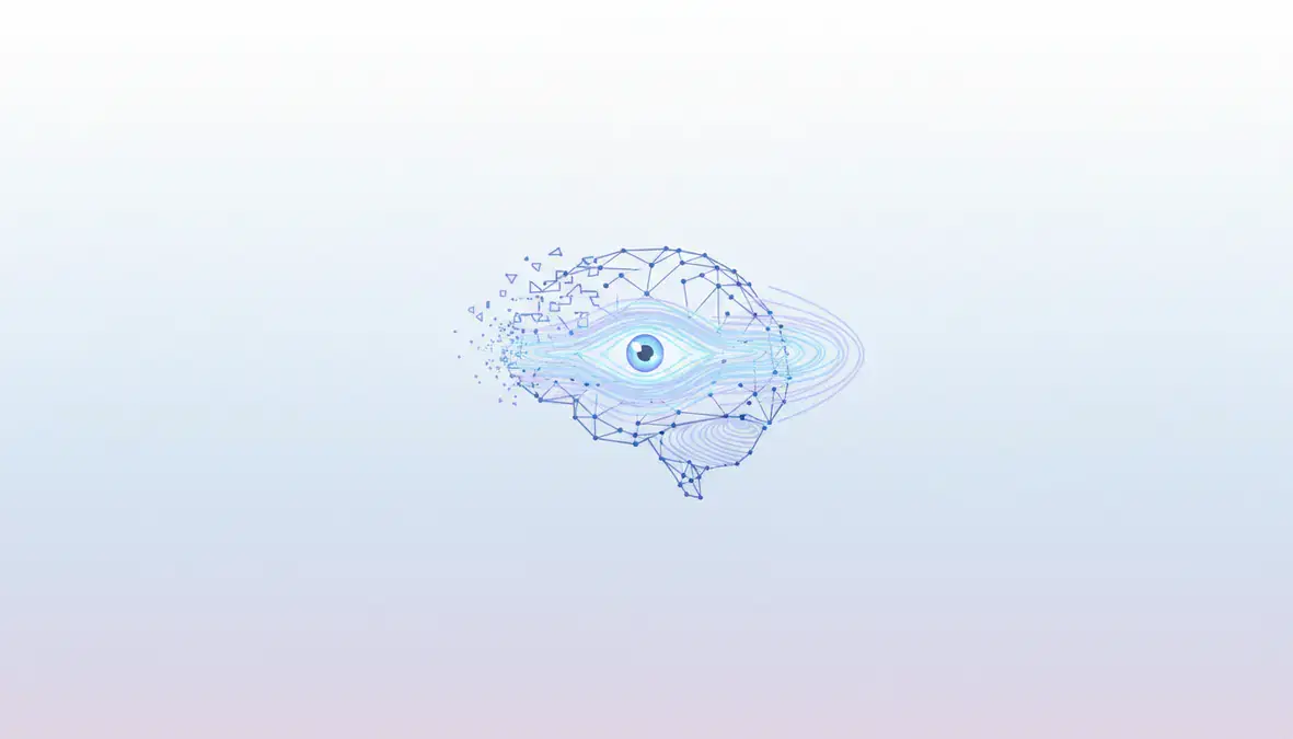 A stylized brain made of interconnected lines and dots, with a central eye, against a light purple and blue gradient background.