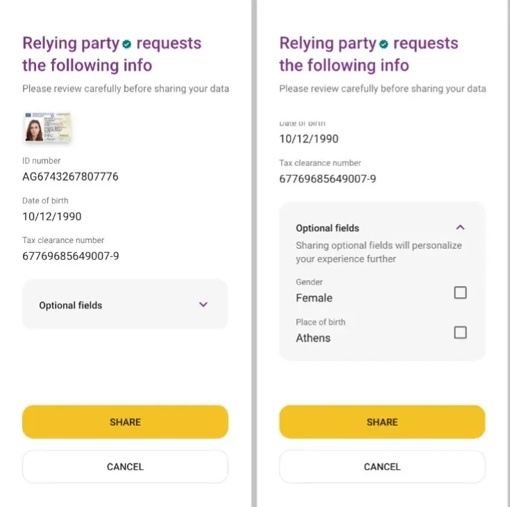 Two sample wallet screens from the ARF design guide headed Relying party requests the following info, listing requested data and optional fields with Share and Cancel buttons